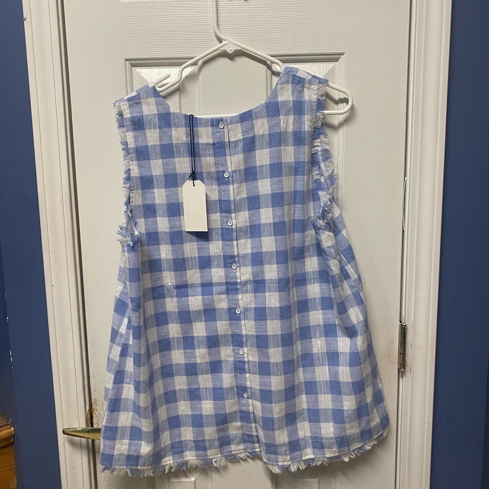 Cotton Bleu sleeveless checkered tank tunic top exposed hem summer cottage
